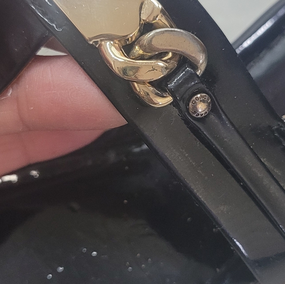 Coach Black Patent Leather T-Strap Sandals with Gold Plaque - Picture 5 of 10
